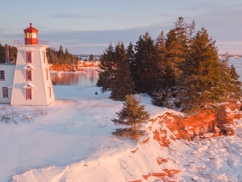 Aerial view of Block Lighthouse and red cliffs in winter